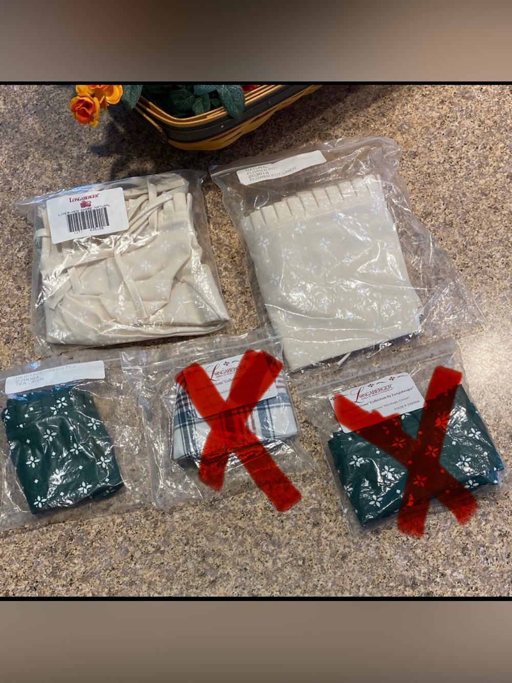 3 Longaberger Fabric Liners-Bags Marked Med Chore,Flower Pot and Tea Liners ONLY